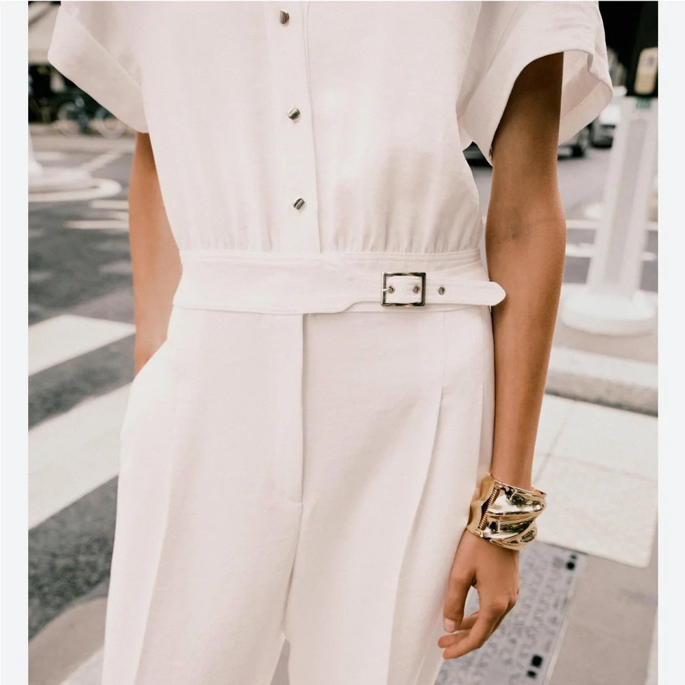 Zara NWT wide leg belted jumpsuit ecru 3278/957